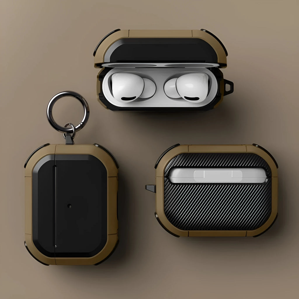 Hard protective shell case for Apple AirPods shown in multiple colours: black, red, pink, green, and yellow.