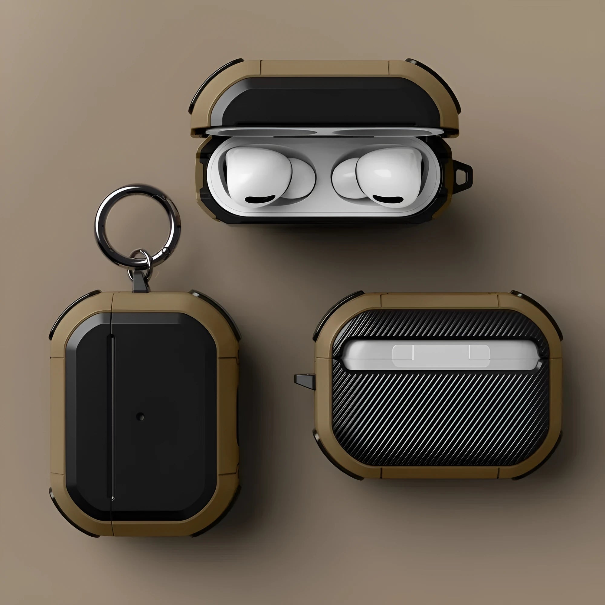 Hard protective shell case for Apple AirPods shown in multiple colours: black, red, pink, green, and yellow.