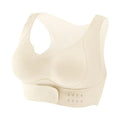 Women's black yoga bra with front buckle closure and supportive back design.