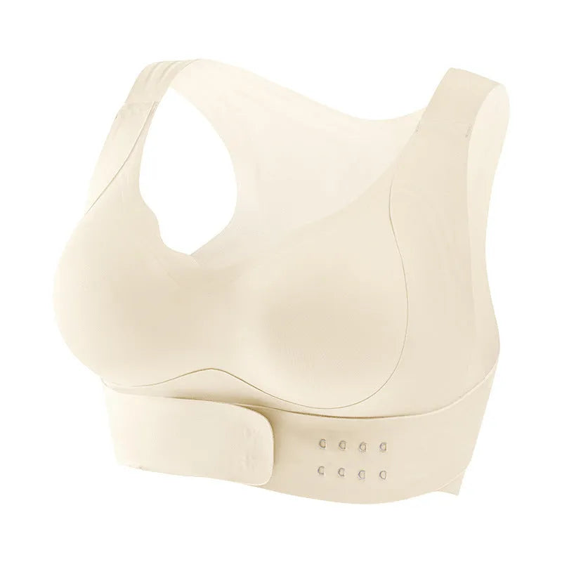 Women's black yoga bra with front buckle closure and supportive back design.