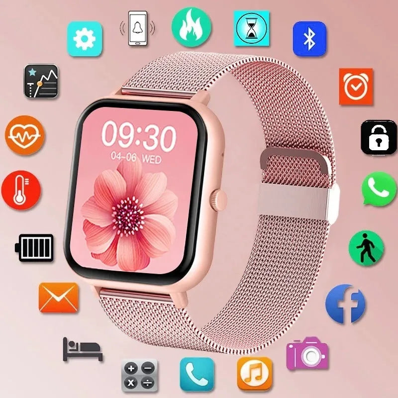 ZL54C smart watch on wrist showing health stats on AMOLED screen, with Milanese steel strap option.