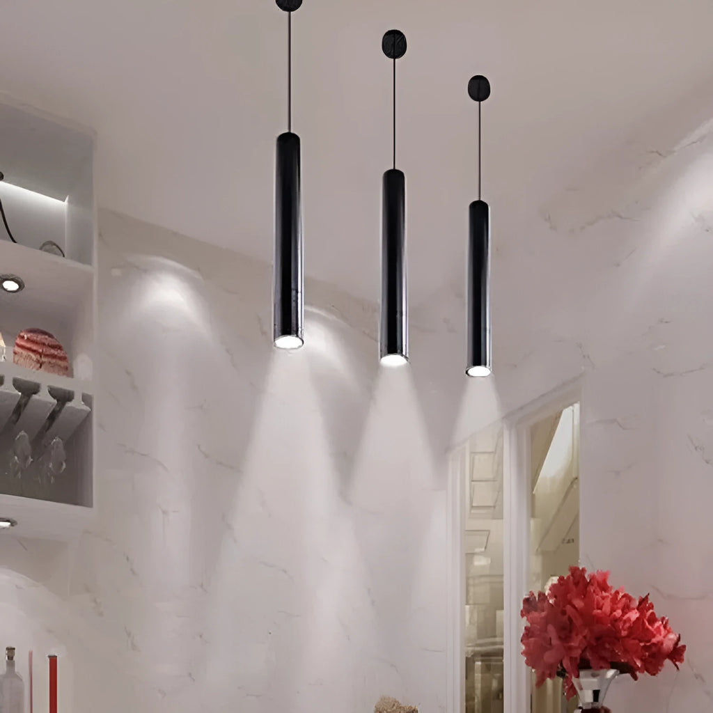 Long-tube suspended ceiling lamp in black aluminium alloy with iron pendant, single head design, adjustable height 1m