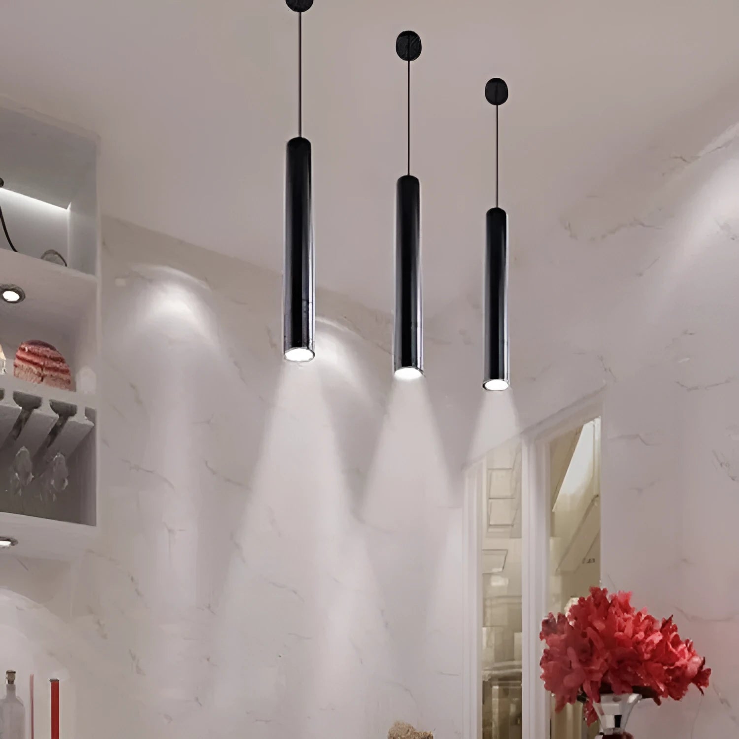 Long-tube suspended ceiling lamp in black aluminium alloy with iron pendant, single head design, adjustable height 1m
