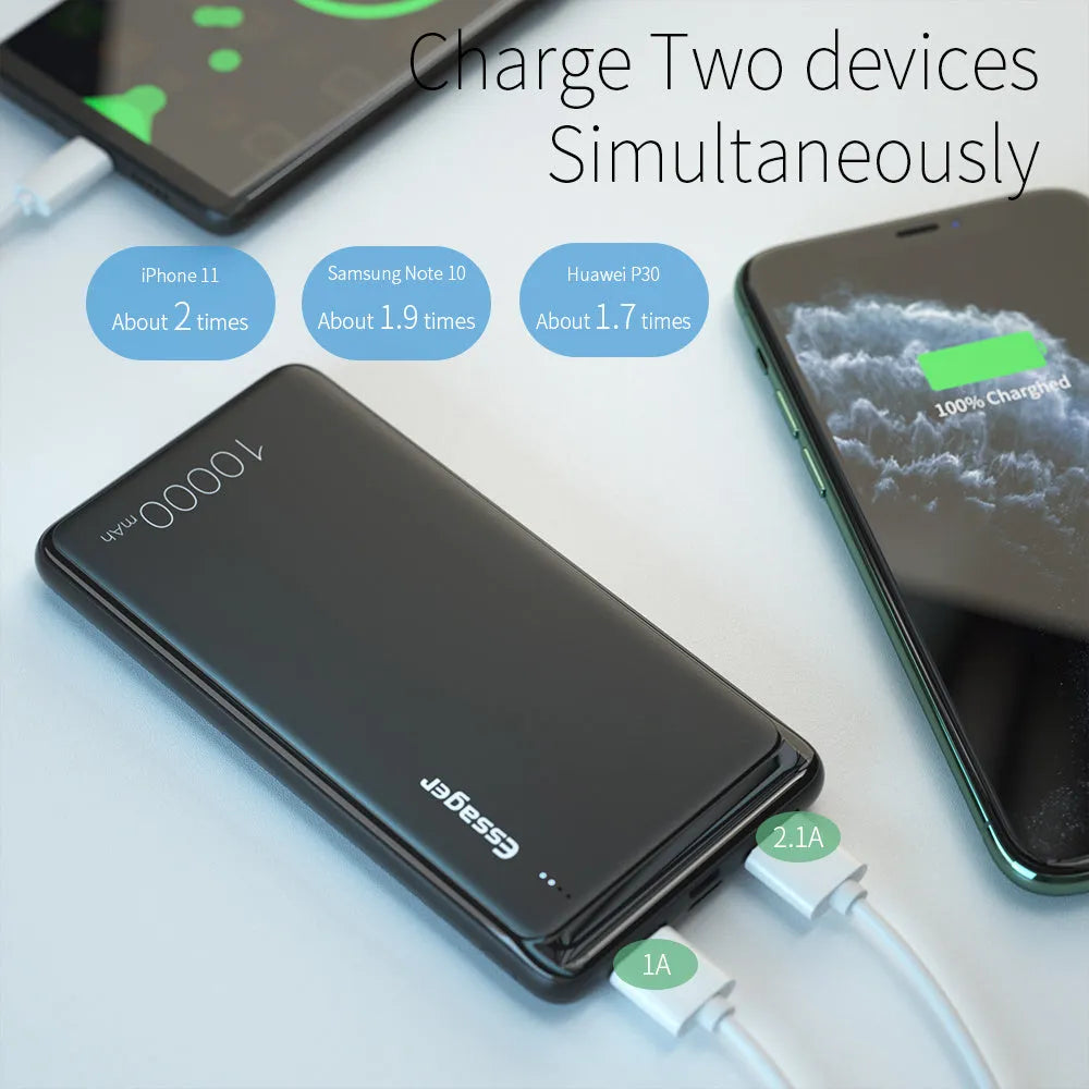 Essager Small Jane 10000mAh portable power bank in black or white with dual USB ports
