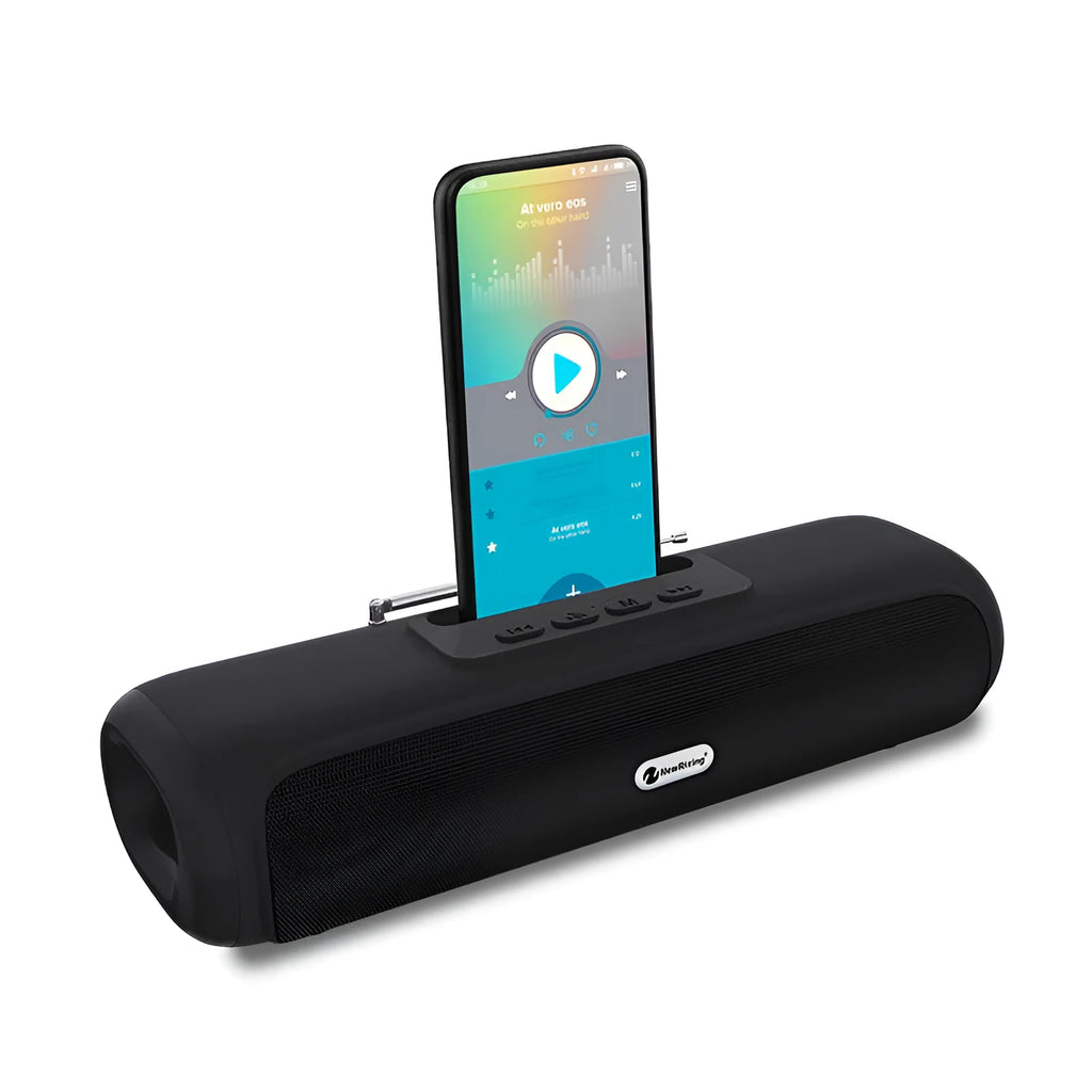 Wireless long strip desktop stereo subwoofer speaker in choice of colours on a desk.