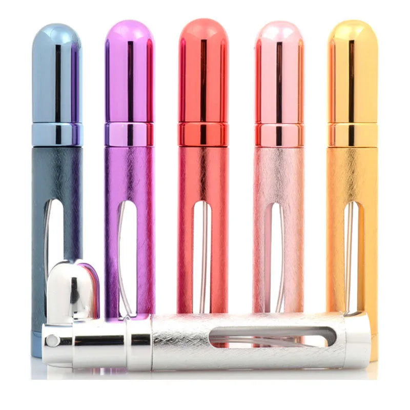 12ml aluminium portable perfume bottle atomiser in six colour options shown next to a ruler for scale.