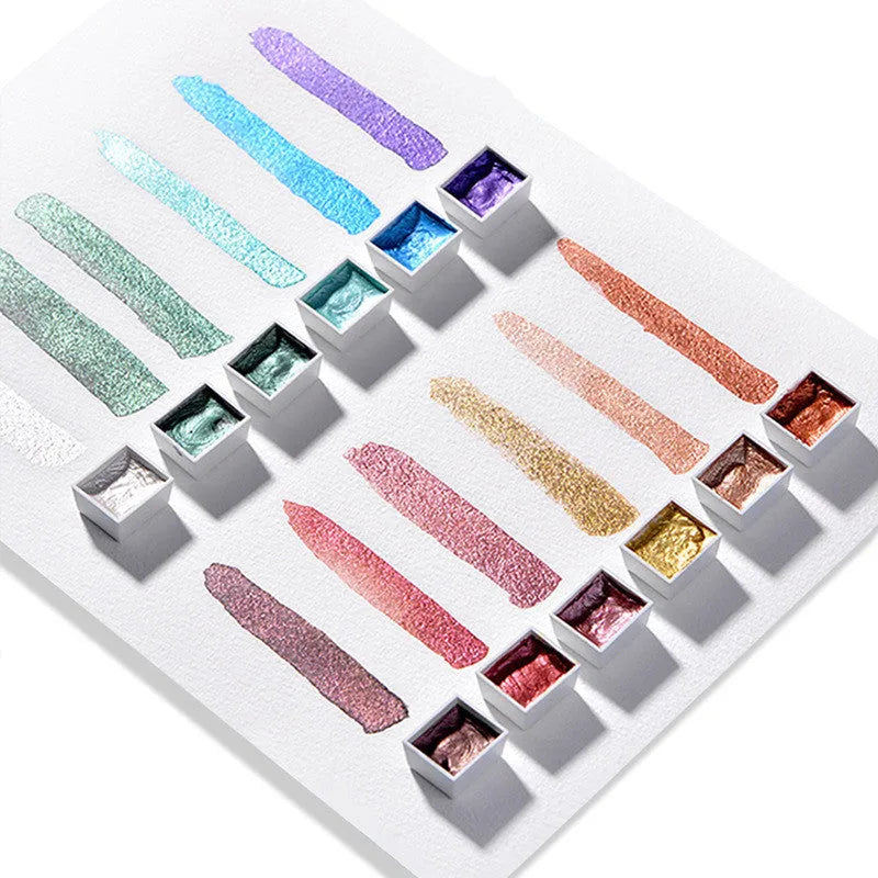 Boxed pearlescent solid watercolor pigment set with 6 or 12 colour blocks in Gem finish, each 17mm x 20mm x 10mm