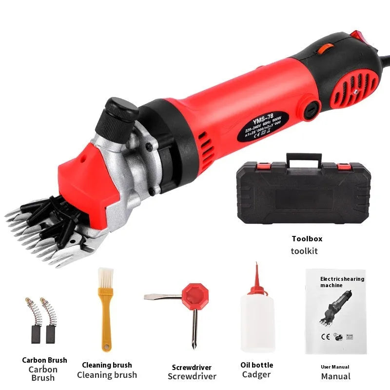Yellow electric wool shearing machine with 13 straight teeth and complete accessory kit including multiple blade sets