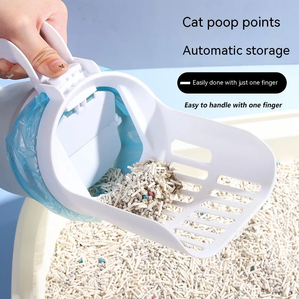 Grey cat litter scoop with attached waste bin and foldable bottom