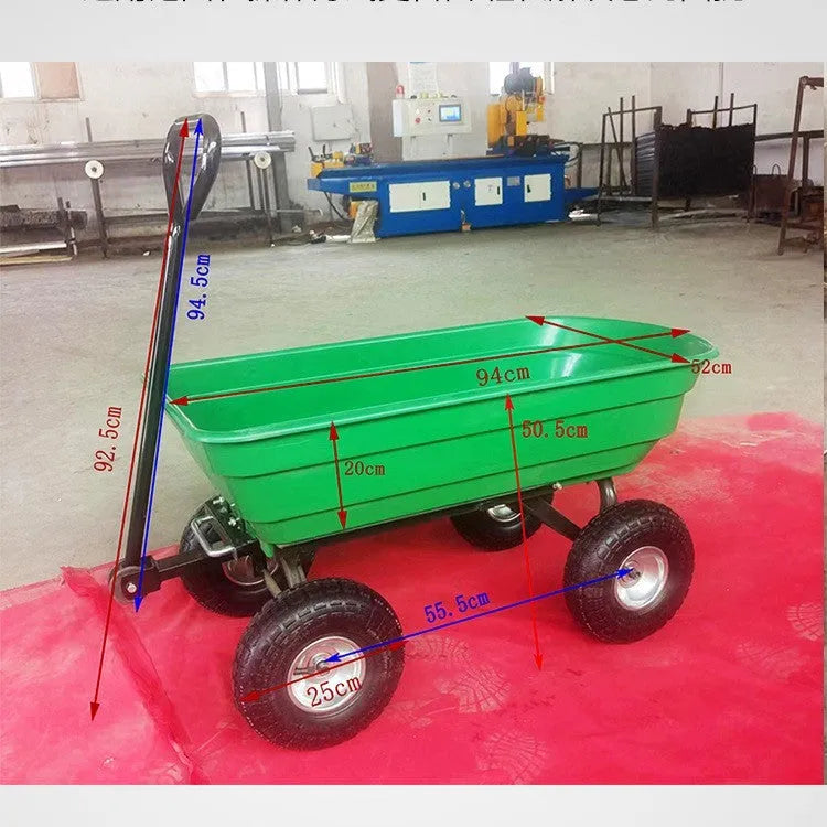 Green four-wheel dump truck with steel PP construction, 940mm long bed