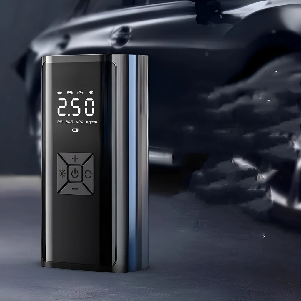 Portable car wireless digital display electric tyre pump with LED light and pressure gauge on a dark background