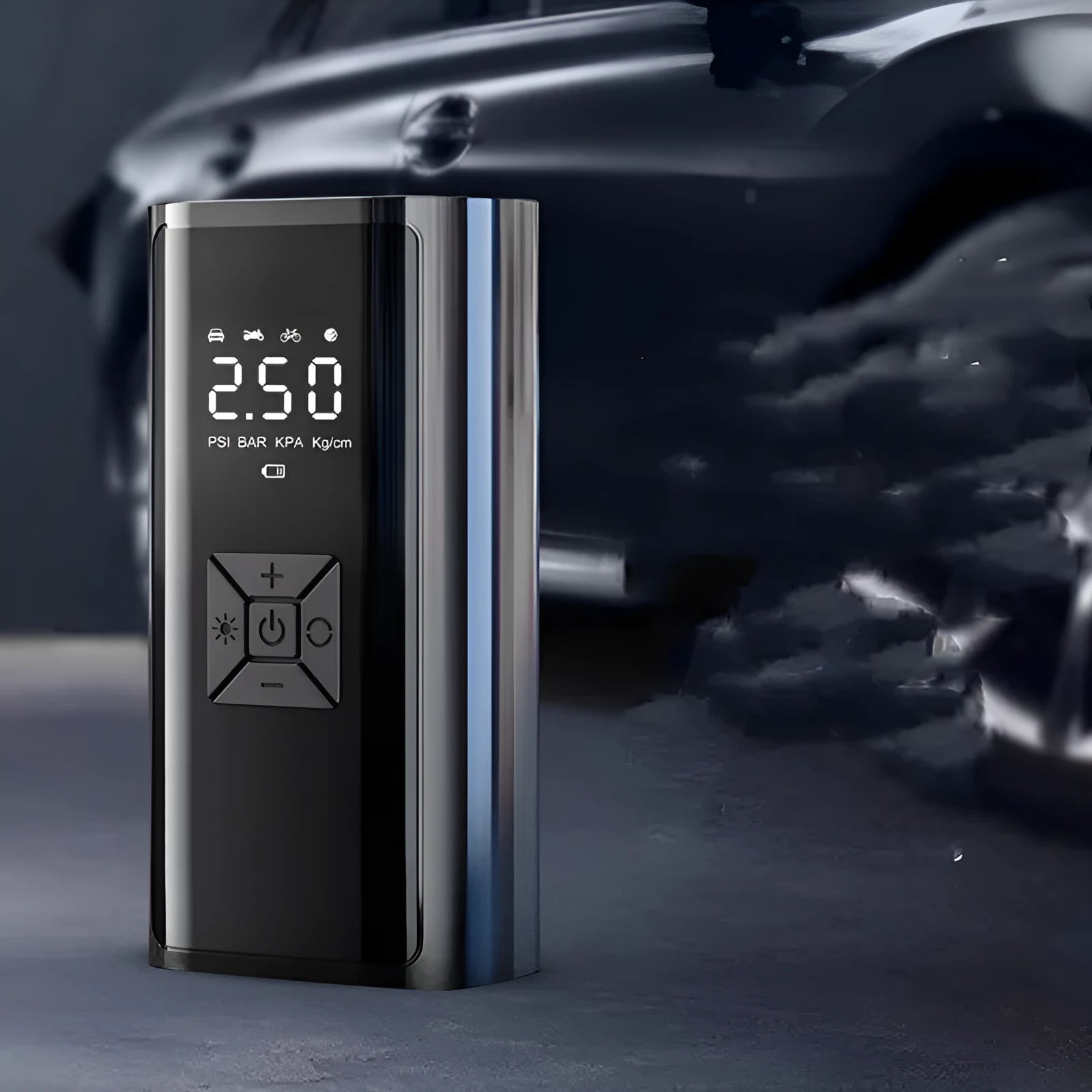 Portable car wireless digital display electric tyre pump with LED light and pressure gauge on a dark background