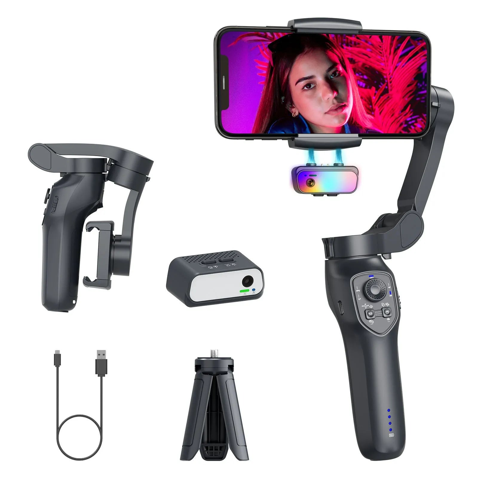 Foldable handheld tripod head stabiliser in L7Cpro gun colour with USB charging port