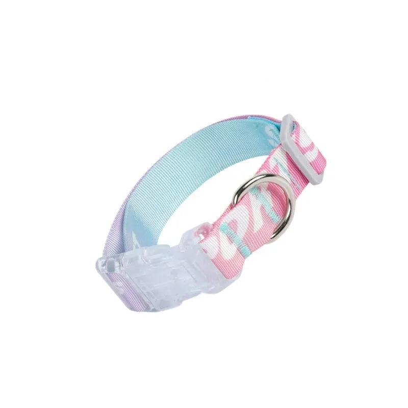 Cartoon patterned adjustable nylon dog collar in gradient colour and panda green, shown in S, M, L sizes.