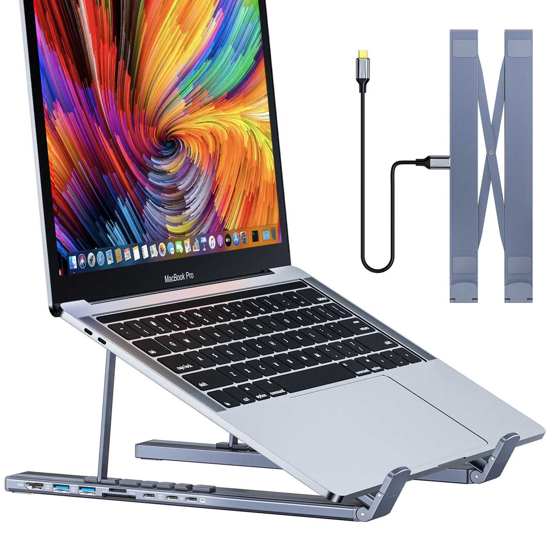 Silver aluminum alloy folding laptop stand with 8-in-1 HDMI docking station ports visible