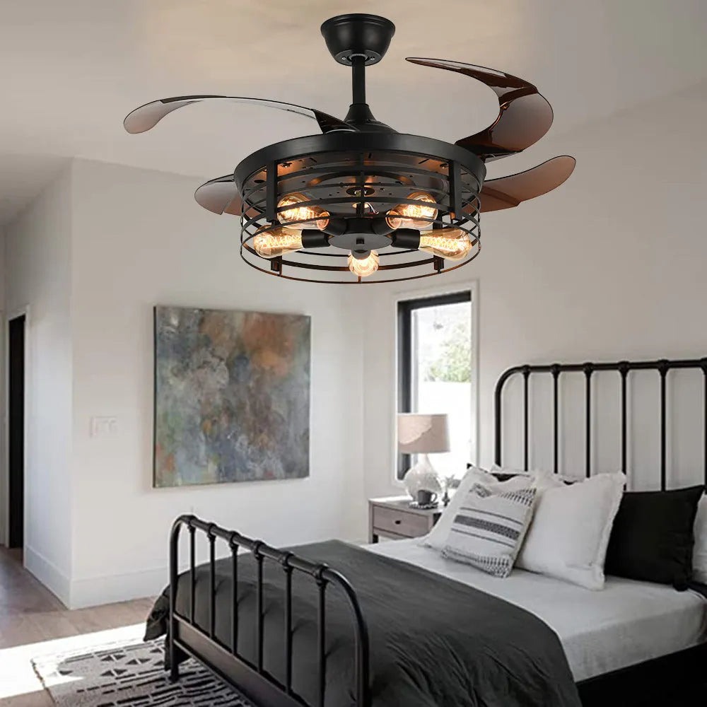 42-inch American retro style ceiling fan lamp with acrylic shade and invisible fan design.
