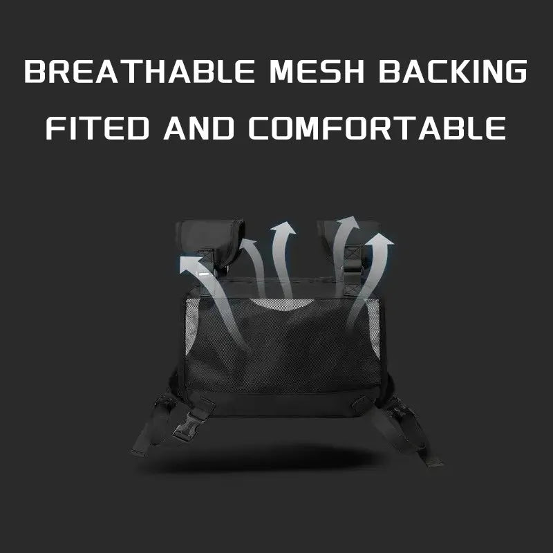 Black adjustable reflective polyester chest bag for running and cycling with multiple compartments and orange lining