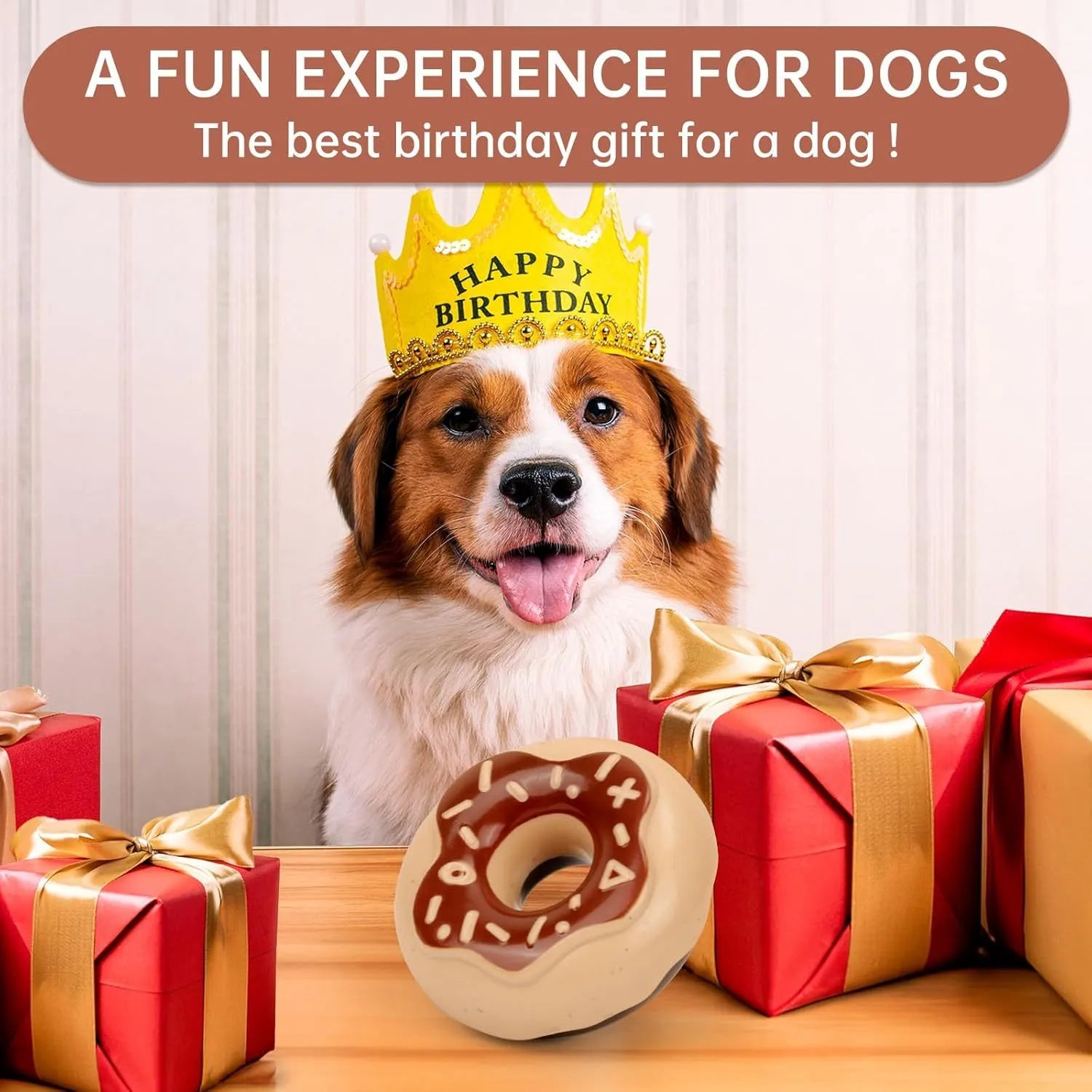 Donut-shaped dog chew toy in Coffee colour with embossed surface on a plain background