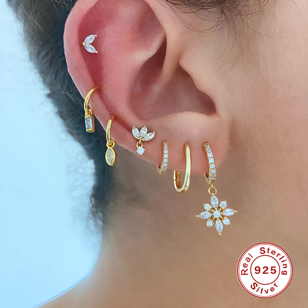 S925 sterling silver diamond snowflake pendant earrings in white gold and yellow gold colour options