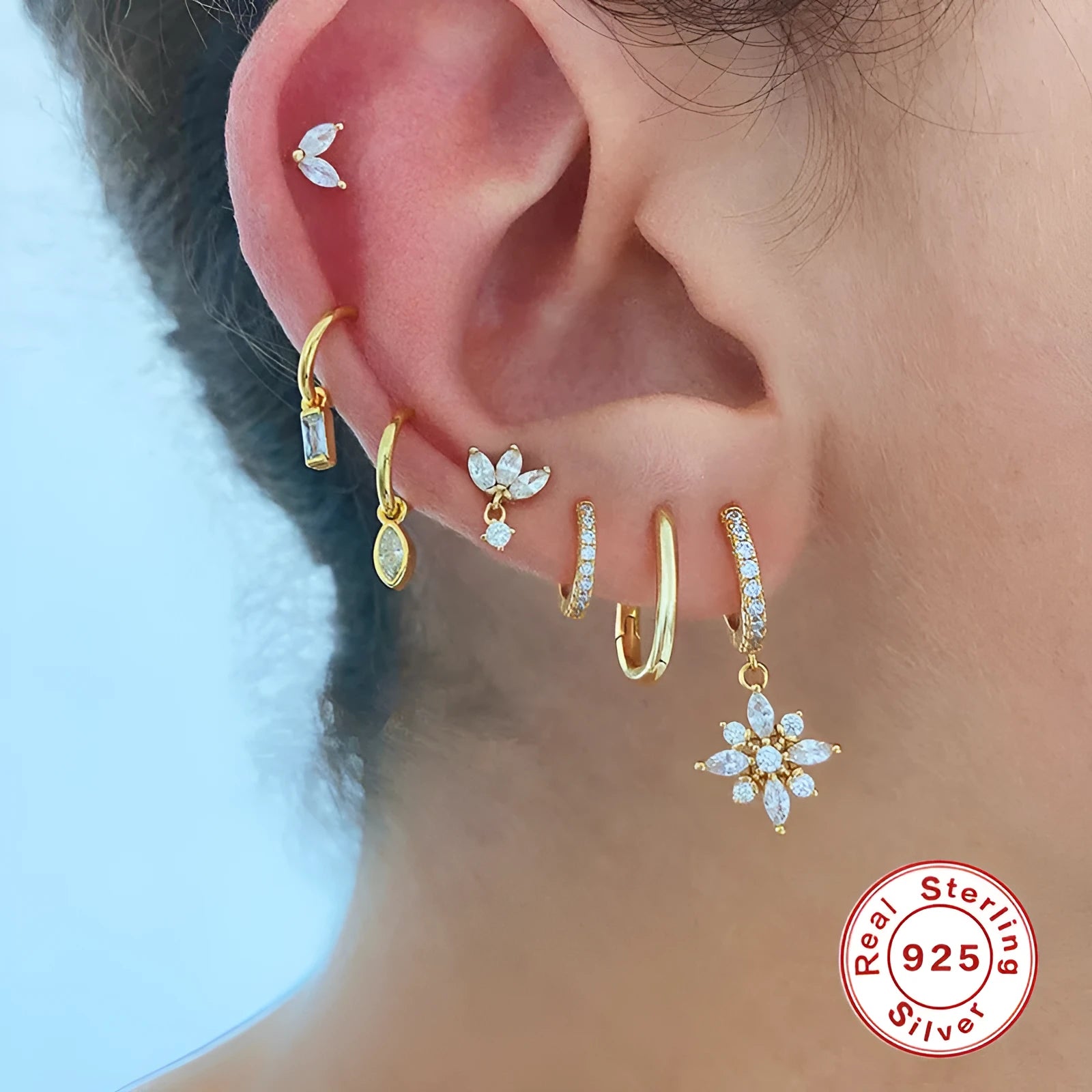 S925 sterling silver diamond snowflake pendant earrings in white gold and yellow gold colour options