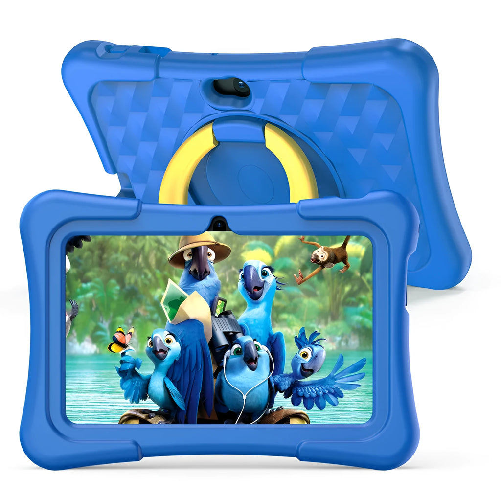 Blue children's education tablet with silicone protective cover and rotating handle in 7-inch size