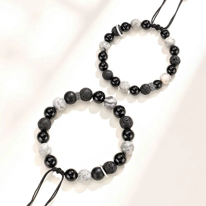 Black agate map stone and volcanic rock diamond-shaped beads on elastic cord bracelet, electroplated finish, 8mm size