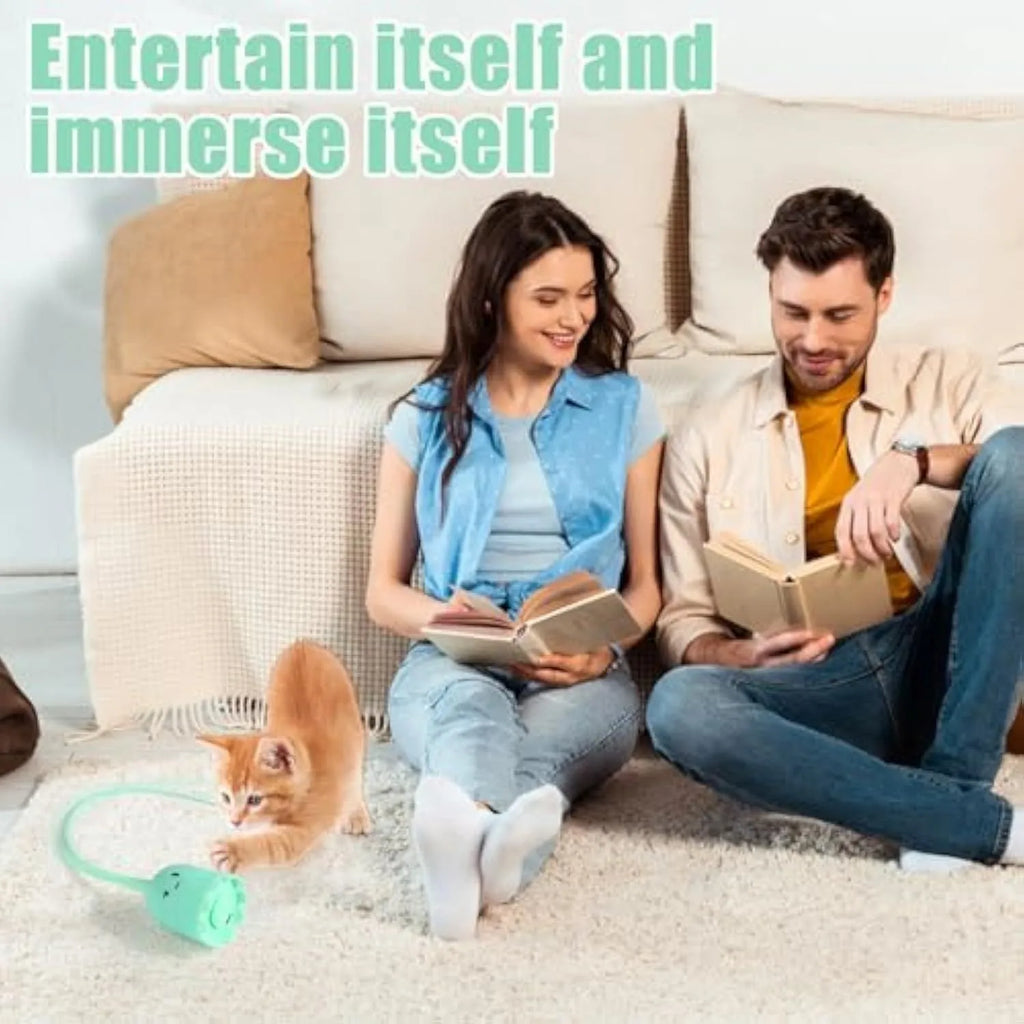 Green electronic cat toy with silicone swinging tail on 38cm wand for indoor cat entertainment