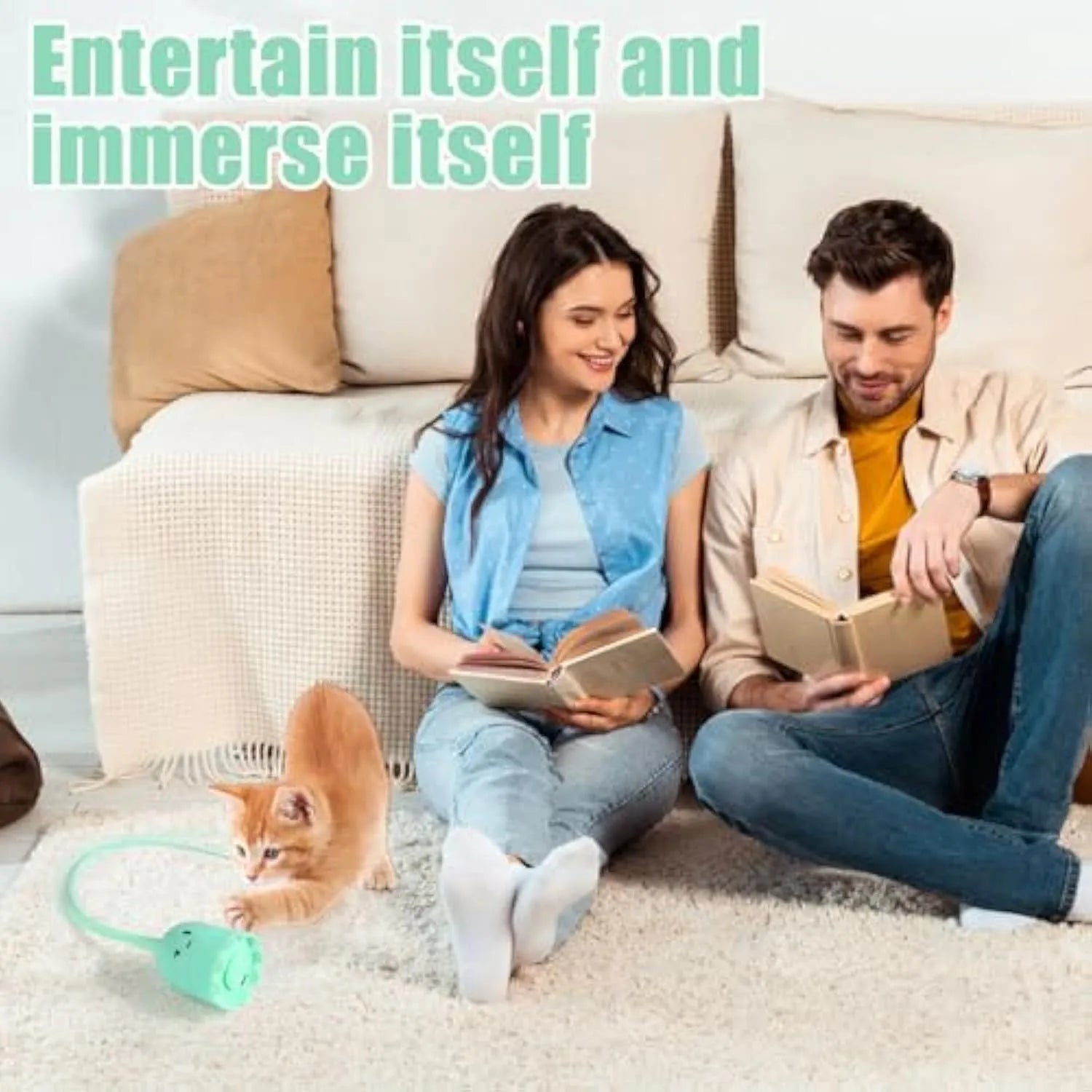 Green electronic cat toy with silicone swinging tail on 38cm wand for indoor cat entertainment