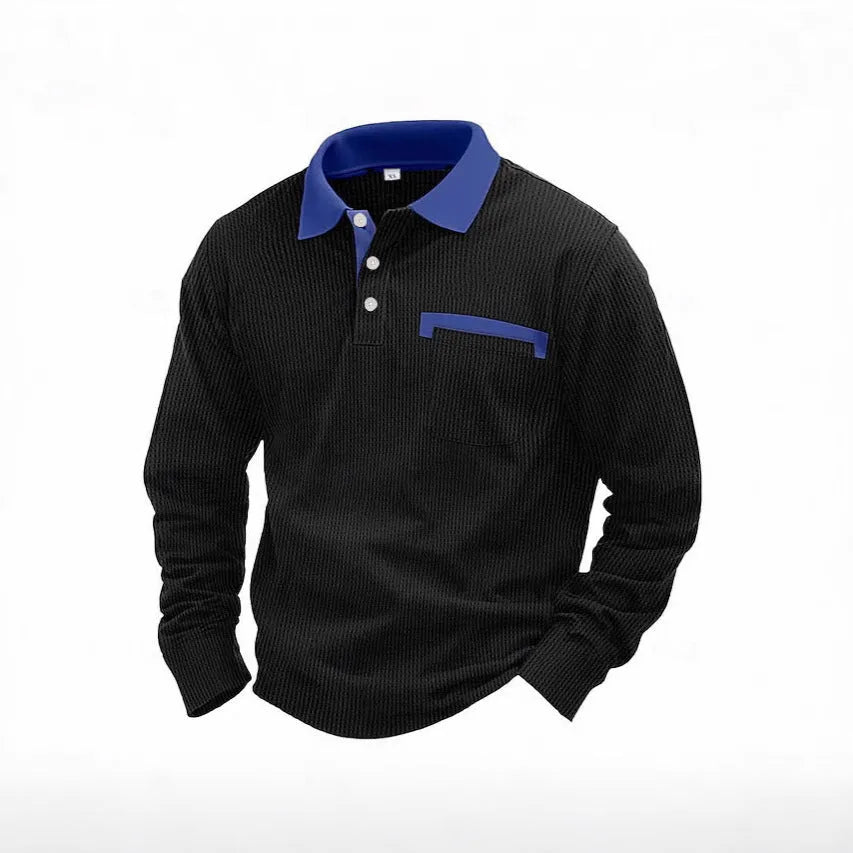 Man wearing a long-sleeved waffle-knit polo shirt in a solid colour with asymmetric detailing.