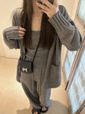 Women's light brown knit cardigan, vest, and suspender pants three-piece casual set