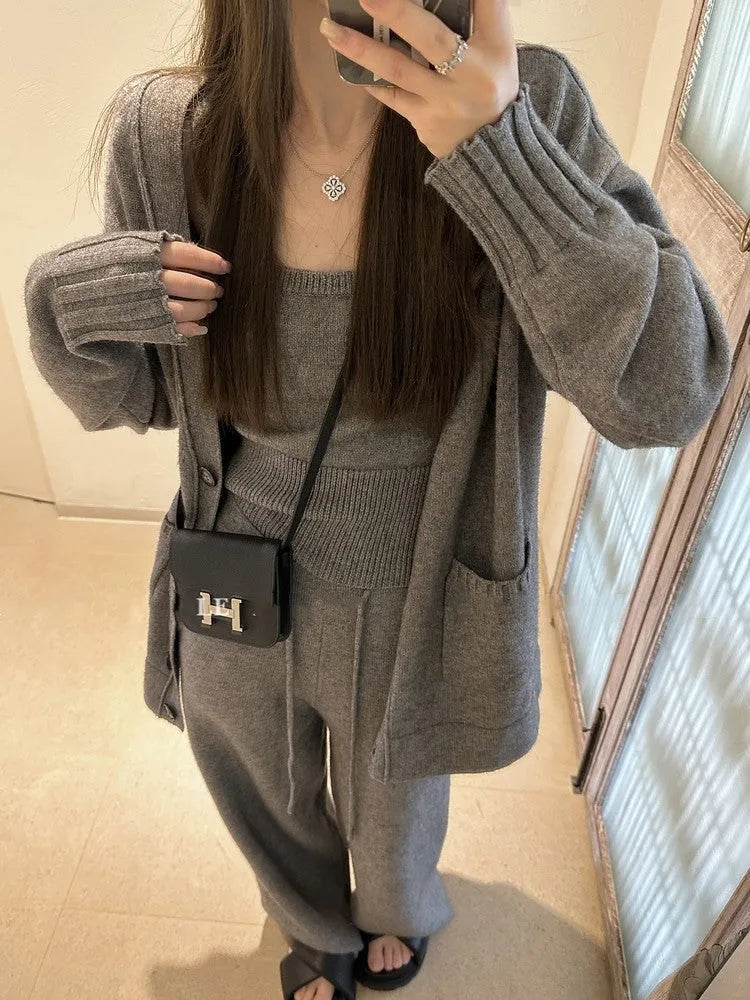 Women's light brown knit cardigan, vest, and suspender pants three-piece casual set