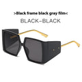 Large square frame sunglasses shown in multiple colour options including black, blue, and tortoiseshell.
