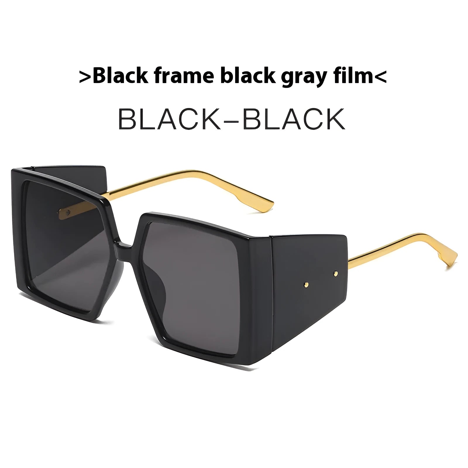 Large square frame sunglasses shown in multiple colour options including black, blue, and tortoiseshell.