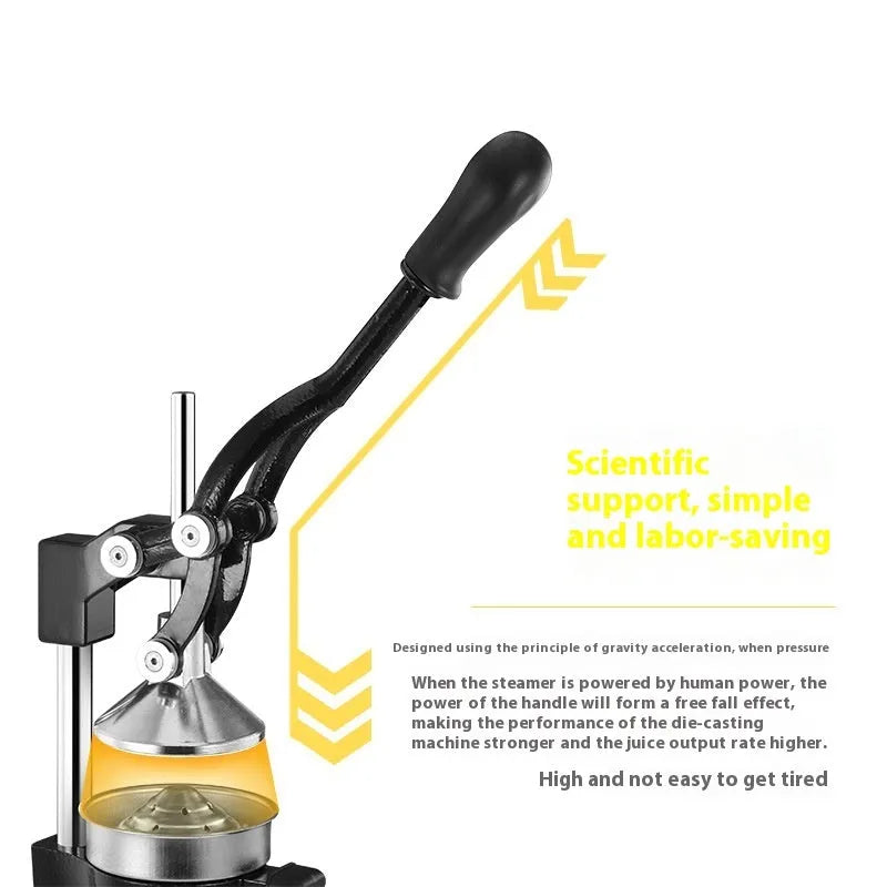 Tall black manual citrus juicer with cast iron base and stainless steel cone on a kitchen counter.