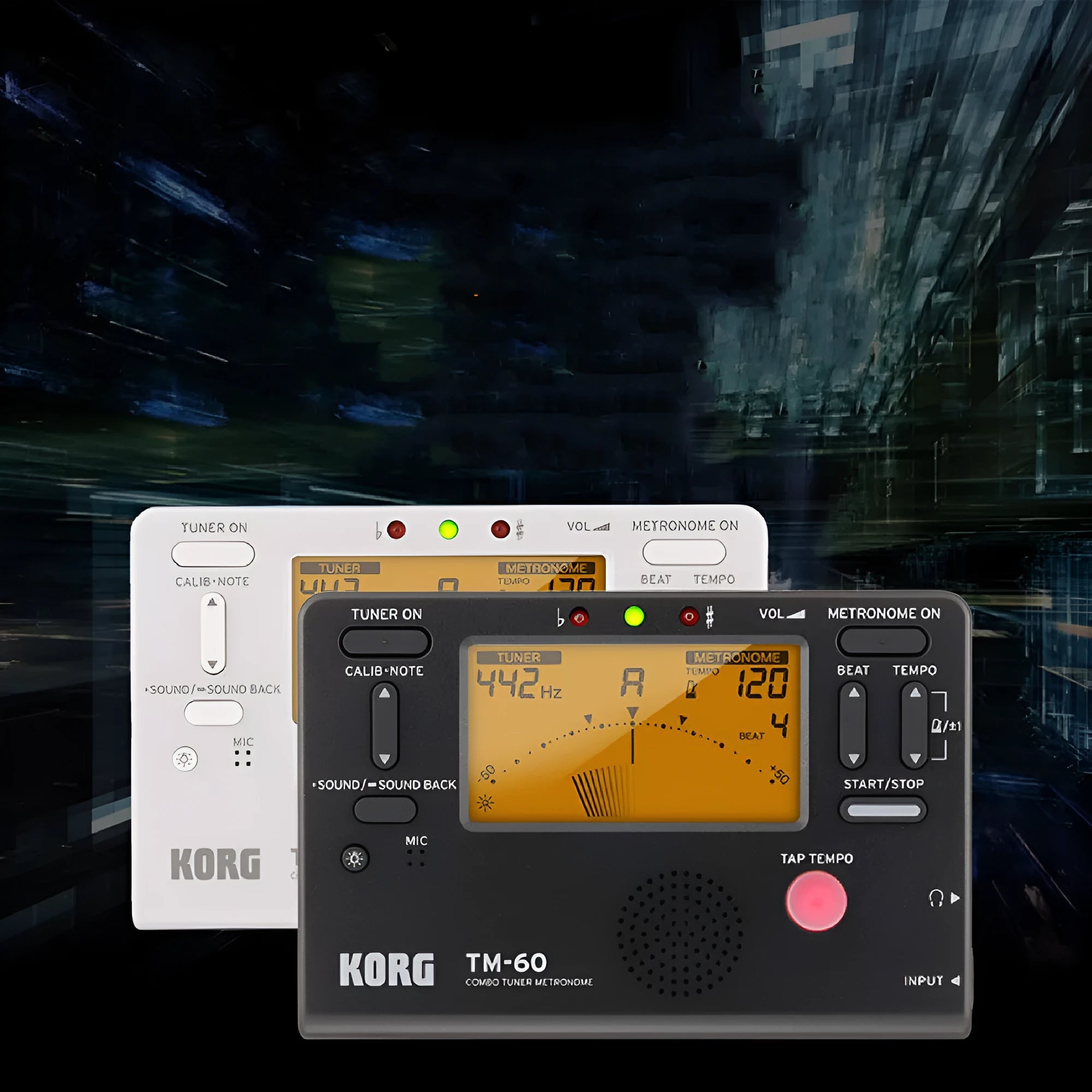 TM-60 digital metronome in black or white plastic shell with display and controls.