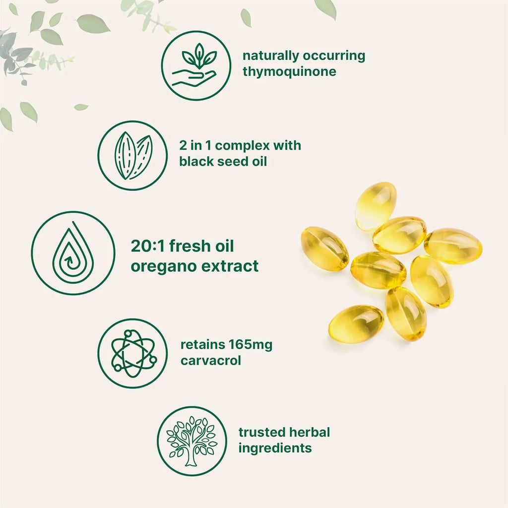 Bottle of black seed oil softgel capsules with a choice of 180 or 300 tablet counts.