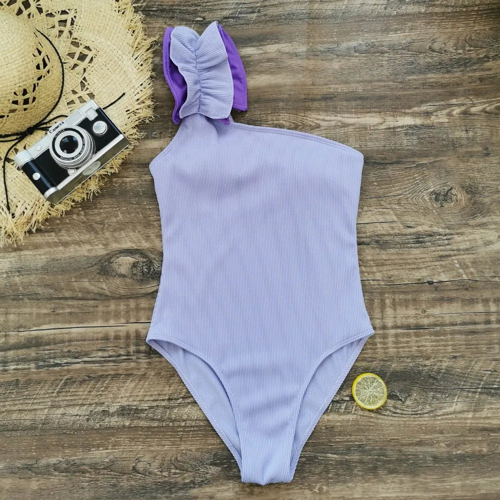 Single-shoulder suspender tube top one-piece swimsuit for women in high-waist design
