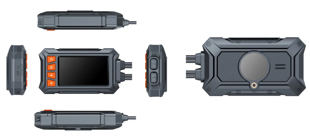 Motorcycle dash cam with dual lenses, 3-inch display, and waterproof housing for front/rear recording
