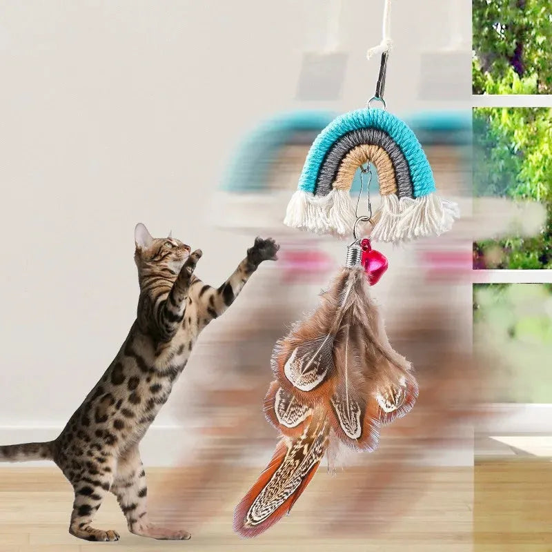 Feather cat rope door swing toy with elastic sticky buckle, available in blue, green, and pink
