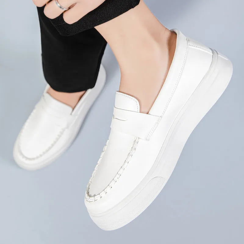 PU leather casual slip-on shoes with round toe in black and white, khaki or white colours