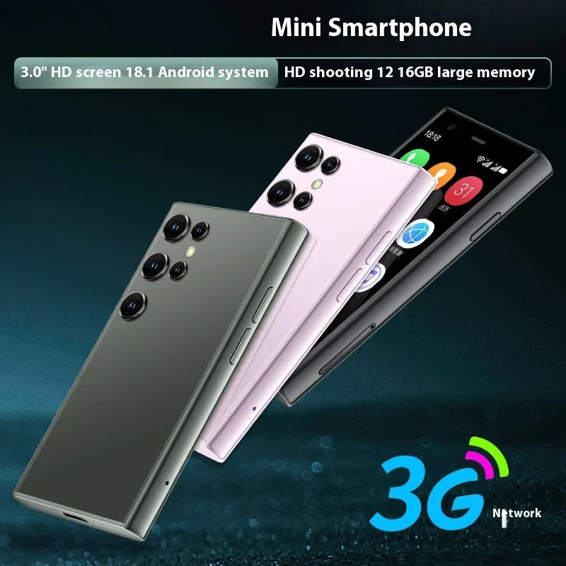 Mini smartphone with 30cm screen in black, green, or pink purple colour showing straight plate design