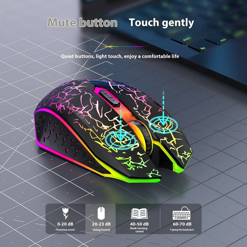 Black and white gaming mouse with luminous breathing light, showing dual-mode connectivity and self-charging design