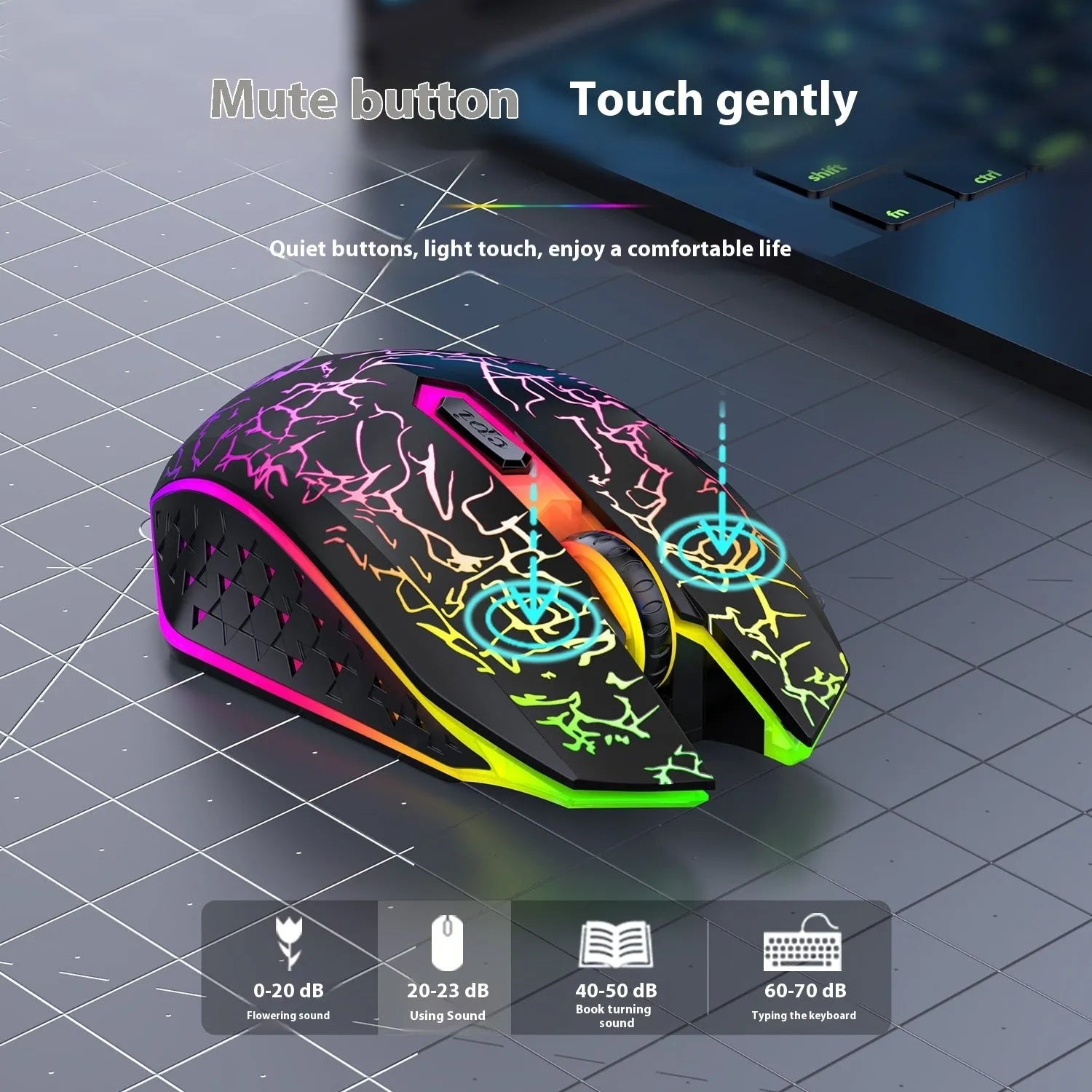 Black and white gaming mouse with luminous breathing light, showing dual-mode connectivity and self-charging design