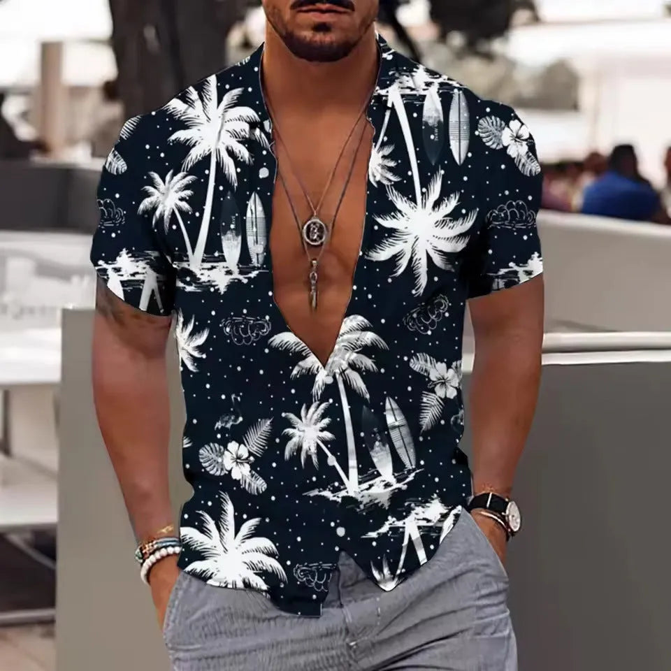 Man wearing a loose-fitting short sleeve shirt with a floral digital print pattern.