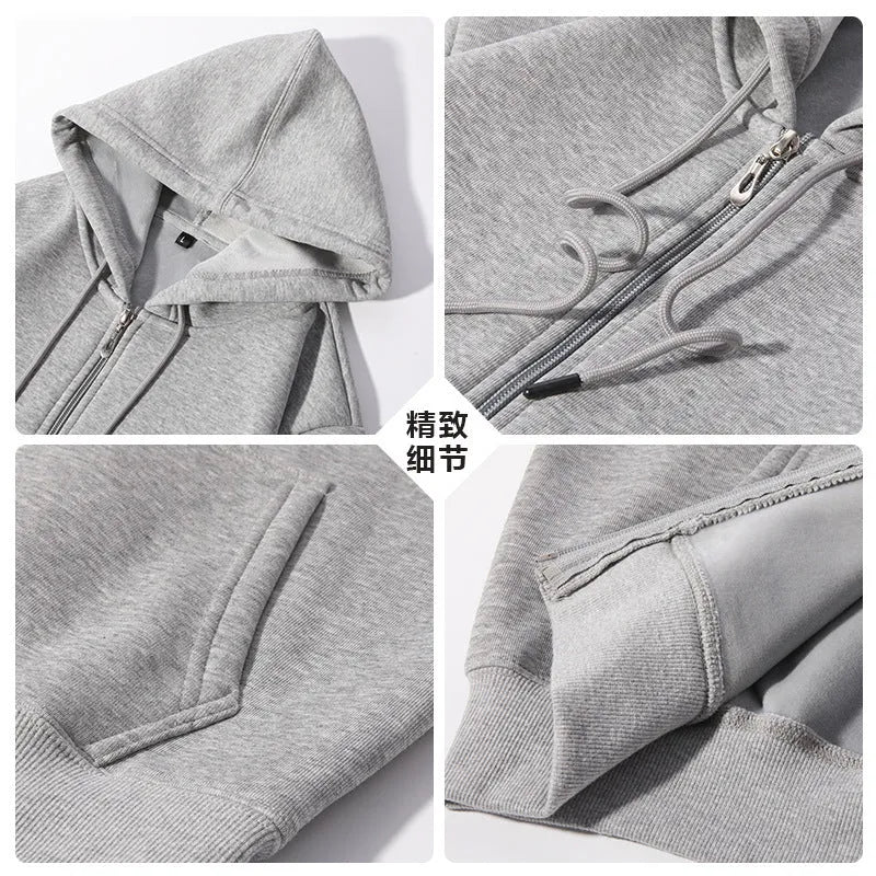 Men's beige heavyweight zip-up hooded cardigan sweater with top-stitch pockets, shown in a loose fit.