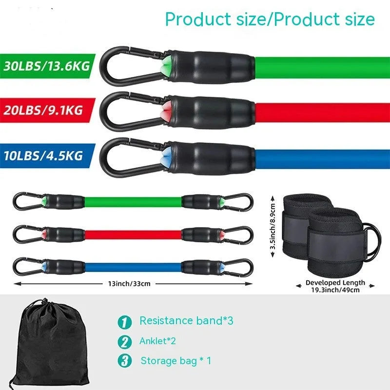 TPE resistance band exercise set with three tension levels and ankle buckle attachments