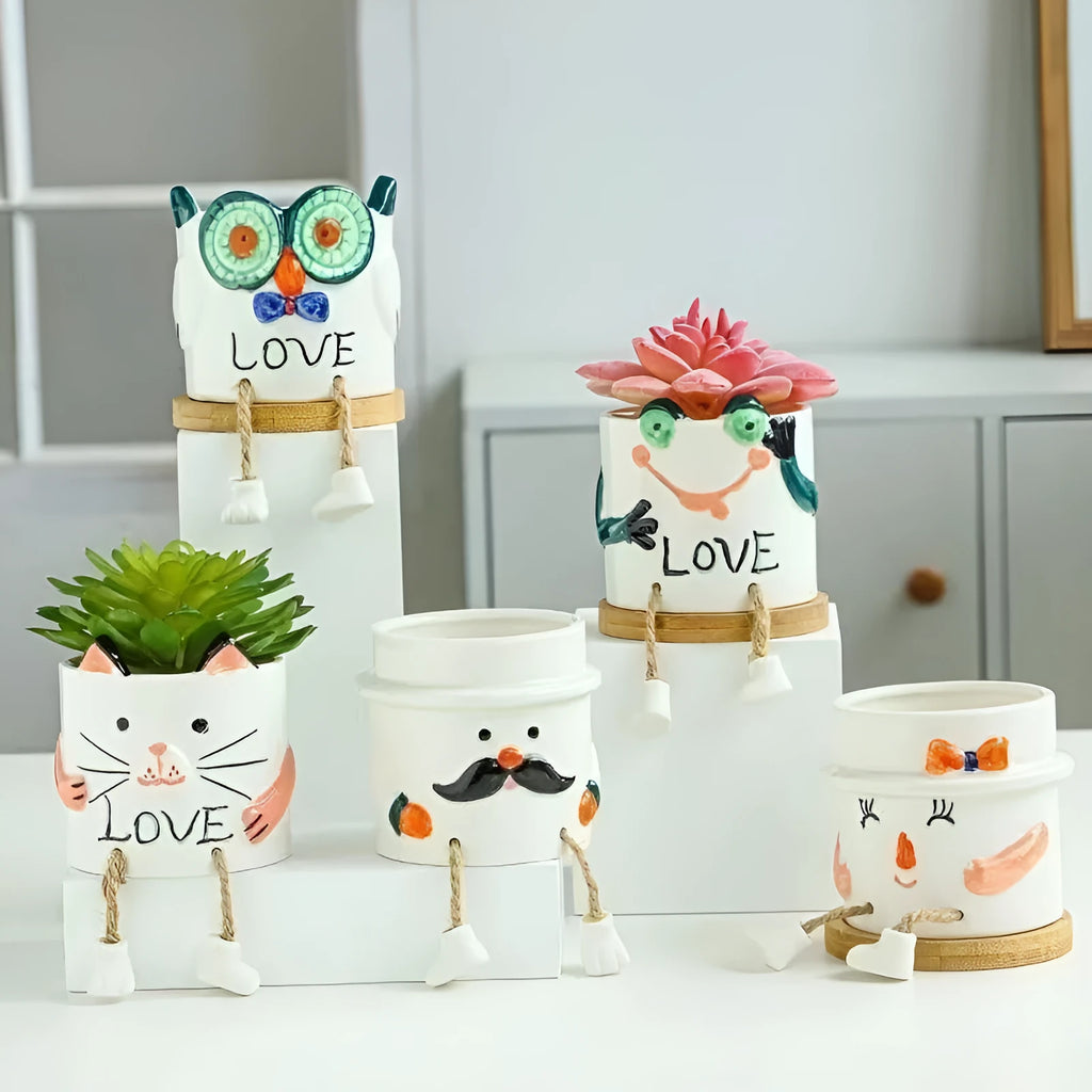 Cartoon ceramic hanging foot flowerpot for succulent plants on desktop