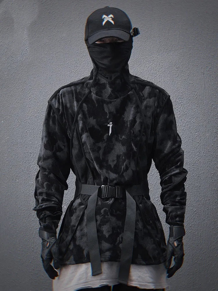 Men's black tie dye finger turtleneck sweater with full print pattern and drop shoulder sleeves