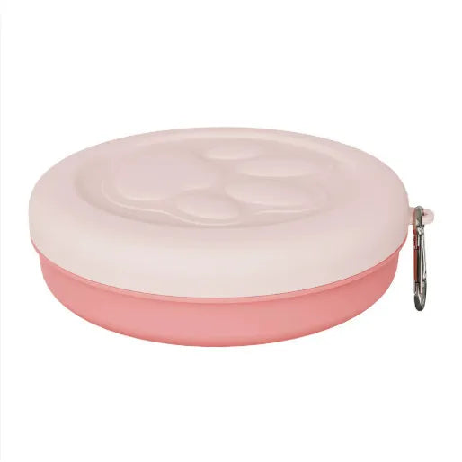 Portable dog bowl with snack box compartment in two-tone light green colour