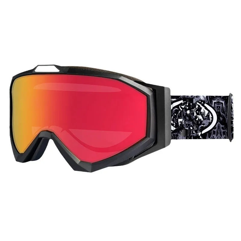 Motorcycle goggles with double layer anti-fog lenses in a black frame with grey film, shown with a storage cloth bag.